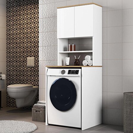 FERNISO Çamaşır Makinesi Dolabı Kapaklı Banyo Dolab BEYAZ CAM