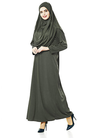 Tek Parça Namaz Elbisesi - Haki - 5015 & Seccade & Zikirmatik - Üçlü Takım