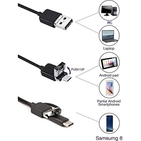 Endoskop 3 in 1 Yılan Kamera USB Micro Usb Type-C 5M Sert Kablo