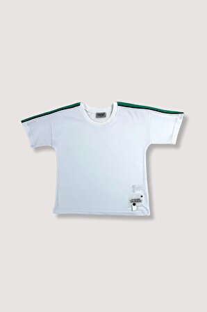 Erkek Çocuk Tişört – Beyaz Yazlık Kısa Kol T – Shirt Yeşil Şeritli Style World Aksesuarlı 5-6 Yaş