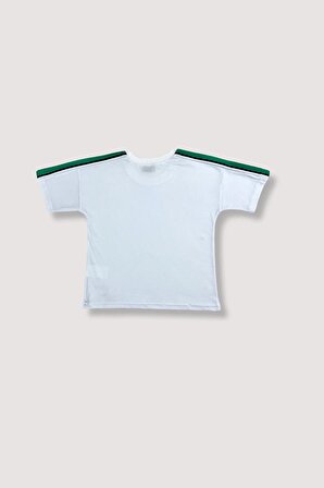 Erkek Çocuk Tişört – Beyaz Yazlık Kısa Kol T – Shirt Yeşil Şeritli Style World Aksesuarlı 5-6 Yaş