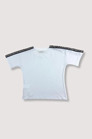 Erkek Çocuk Tişört Beyaz Yazlık Kısa Kol T-shirt Siyah Şeritli Style World Aksesuarlı 7-8 Yaş