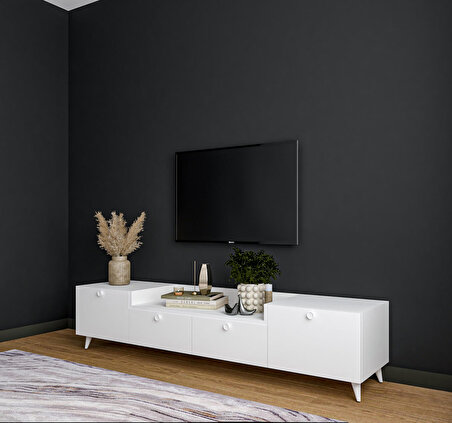 Conceptiva Leon Beyaz TV Sehpası 160 Cm 4 Kapaklı Tv Ünitesi