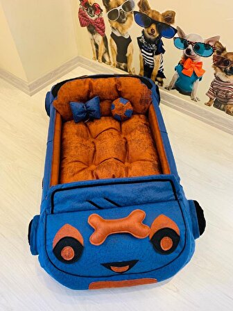 Mady Aksesuar Petshop Özel Tasarım Araba Kedi Köpek Yatağı Mavi-Taba 110 cm