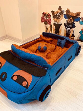 Mady Aksesuar Petshop Özel Tasarım Araba Kedi Köpek Yatağı Mavi-Taba 110 cm