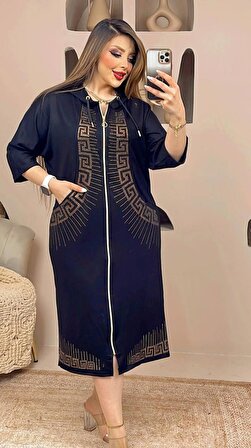 Yarasa Kol Fermuarlı Tunik Büyük Beden Crystal Taşlı Elbise - SİYAH