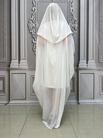 Şifon V Yaka Kapşonlu Crystal Taşlı Elbise - BEYAZ
