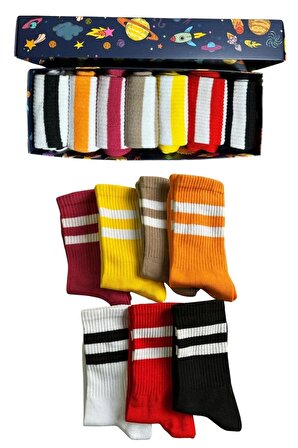 Çizgili Soket Kolej Çorabı 7'li Çorap Kutusu Unisex Renkli Çizgili