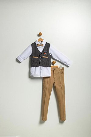 Erkek Çocuk Çizgili İki Cep Yelekli 4'lü Takım Elbise