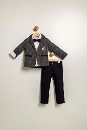 Erkek Çocuk Çizgili İki Cepli Ceket 4'lü Takım Elbise