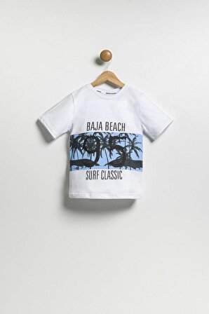 Erkek Çocuk Beach Baskılı Beyaz Tişört