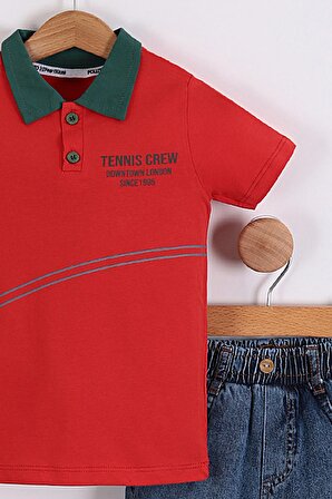 Erkek Çocuk Tennis Crew Baskılı Polo Yaka Tişört Kot Şort 2'li Takım