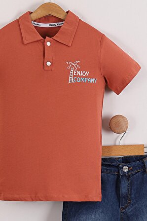 Erkek Çocuk Polo Yaka Enjoy Baskılı Tişört Kot Şort 2'li Takım