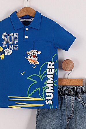 Erkek Çocuk Summer Baskılı Polo Yaka Tişört Kot Şort 2'li Takım