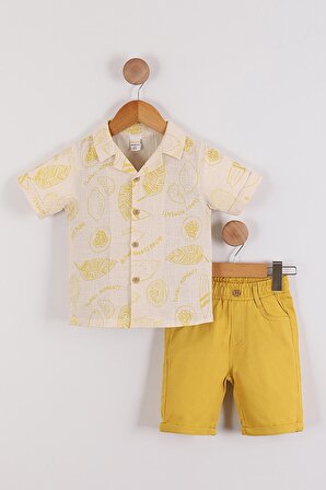 Erkek Çocuk Minimal Limon Baskılı Keten Gömlek Pamuklu Şort 2'li Takım