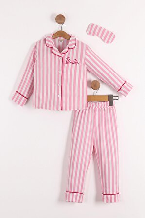 Kız Çocuk Barbie Nakışlı Önü Düğmeli 3'lü Alt Üst Pijama Takımı