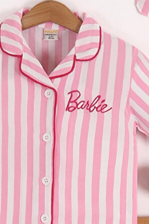 Kız Çocuk Barbie Nakışlı Önü Düğmeli 3'lü Alt Üst Pijama Takımı
