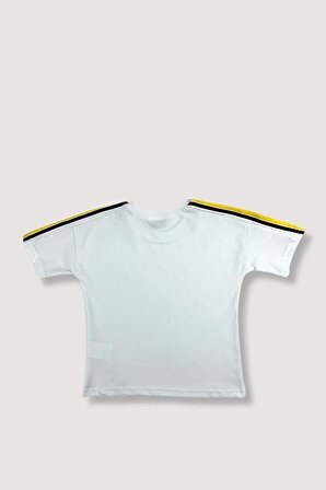 Erkek Çocuk Tişört – Beyaz Yazlık Kıso Kol T – Shirt – Sarı Şeritli World Aksesuarlı – 5 – 6 Yaş
