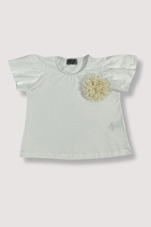 Kız Çocuk Tişört Beyaz - Yazlık Kısa Kol T-shirt Büzgü Kol Gül Aksesuarlı 5 - 6 Yaş / 7-8 Yaş