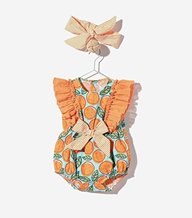 Kız Bebek Portakal Modelli Volan Kol Detaylı Fiyonklu Çıtçıtlı Tulum Ve Bandana Set