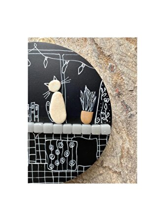 özel tasarım el yapımı pebble art kedili siyah yuvarlak tablo