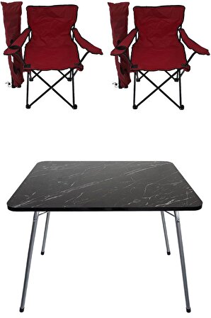 60x80 Cm Granit Katlanır Masa +2 Adet Kamp Sandalyesi Katlanır Sandalye Plaj Sandalye Kırmızı