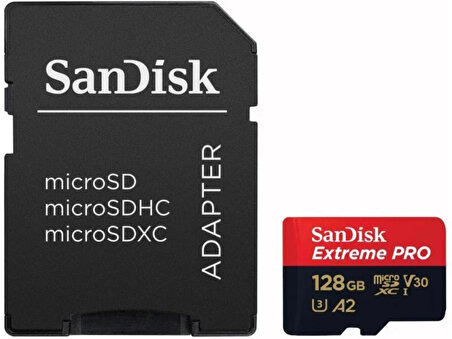 SanDisk Extreme Pro 128GB 200/90MB/s microSDXC UHS-I A2 V30 Adaptörlü Hafıza Kartı SDSQXCD-128G-GN6MA