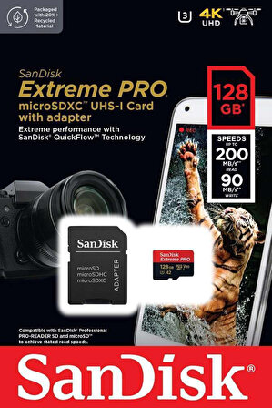 SanDisk Extreme Pro 128GB 200/90MB/s microSDXC UHS-I A2 V30 Adaptörlü Hafıza Kartı SDSQXCD-128G-GN6MA