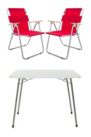 60x80 Katlanır Masa + 2 Adet Katlanır Sandalye Kamp Seti Bahçe Balkon Takımı Kırmızı