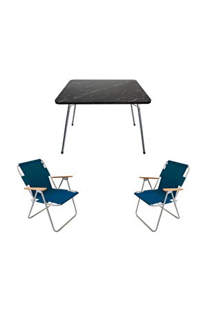 60x80 Granit Katlanır Masa + 2 Adet Katlanır Sandalye Kamp Seti Bahçe Balkon Takımı Mavi