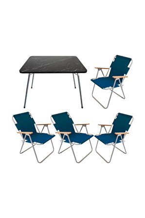 60x80 Granit Katlanır Masa + 4 Adet Katlanır Sandalye Kamp Seti Bahçe Balkon Takımı Mavi