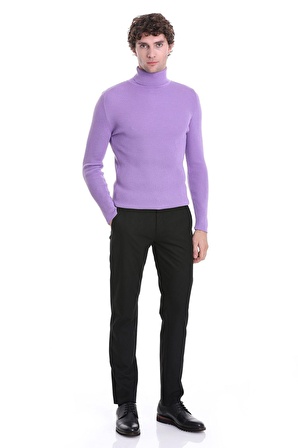 Lila Slim Fit Fitilli Balıkçı Yaka Yünlü Triko Kazak | L