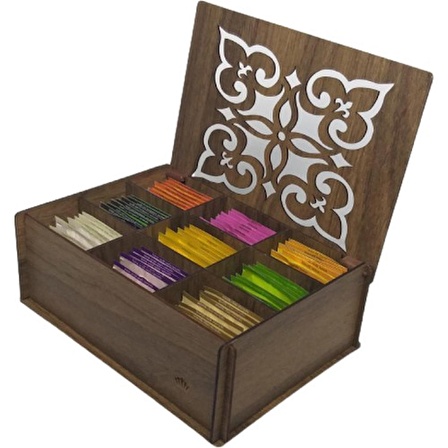 AnkaWood Ahşap Gediz Renk Çay Kutusu 9 Bölmeli Kapaklı Bitki Çayı Saklama Kabı ( Çaylar Dahil) Tea Box