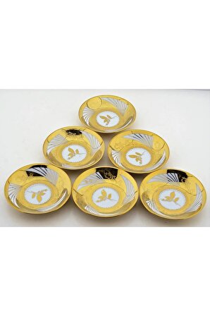 Porselen 6 Kişilik Altın Renkli Yaldızlı Buket Işlemeli Çay Tabağı No:6