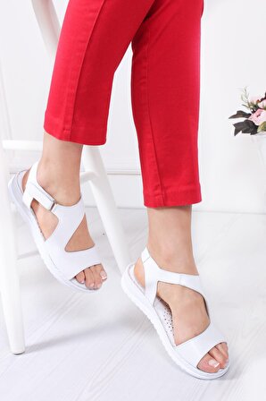 Hakiki Deri Kadın Comfort Sandalet - Beyaz B017