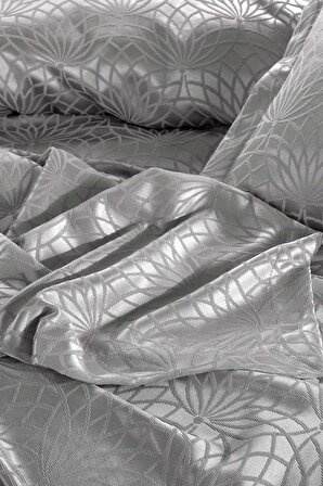 Yatak Örtüsü Takımı Çift Kişilik Jakar Şönil Kumaş Garden Gümüş
