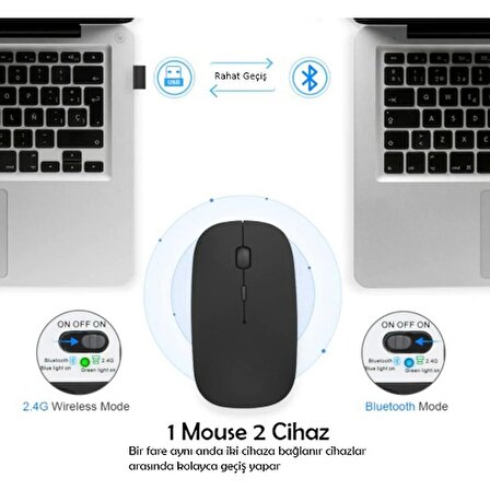 TechTic Sessiz Wireless Bluetooth Kablosuz Mouse Ergonomik Şarjlı 2.4Ghz Fare