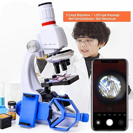 TechTic Mobil Uyumlu Eğitici Mikroskop Seti 1200x Biyolojik Mikroskop Kiti Led Işıklı 12 Adet Biyolojik Örnek Hediye