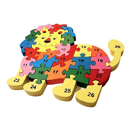 Harfleri ve Sayıları Öğreniyorum Eğitici  Ahşap Aslan Figürlü Puzzle