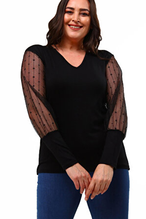 Kadın Büyük Beden Transparan Çizgi Kol Detaylı Siyah Bluz