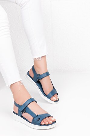 Hakiki Deri Kadın Comfort Sandalet - KOT MAVİ B607