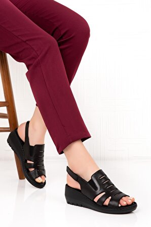 Hakiki Deri Kadın Comfort Sandalet - SİYAH B634S
