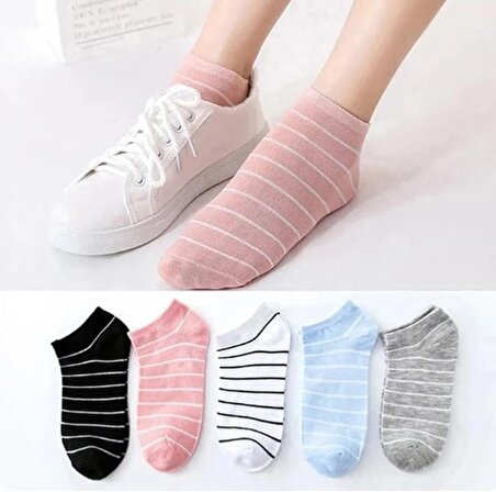  5'li Çizgili Renkli Kadın Patik Çorap 5 ÇİFT