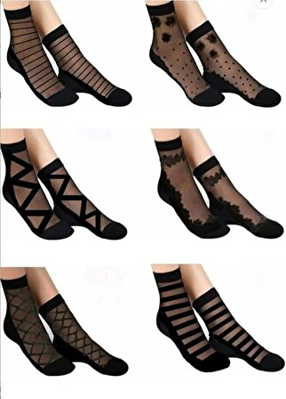  Kadın Desenli Siyah Tül Çorap 6 Çift 