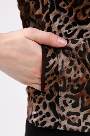 Kahverengi Kadın Leopar Desenli Deri Ceket