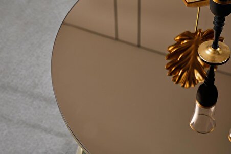 Tekli Ayna Cam C Model Gold Metal Yuvarlak Orta Sehpa