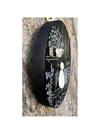 özel tasarım el yapımı pebble art kedili siyah yuvarlak tablo;