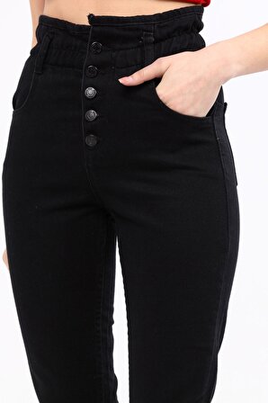 Siyah Patlet Düğmeli Beli Lastikli Mom Jeans Kot Pantolon