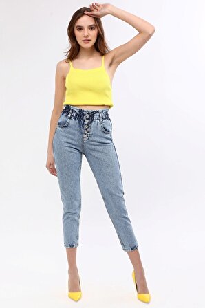 Taş Yıkama Patlet Düğmeli Beli Lastikli Mom Jeans Kot Pantolon