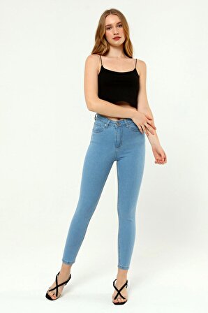 Kadın Yüksek Bel Buz Mavisi Skinny Likralı Jeans